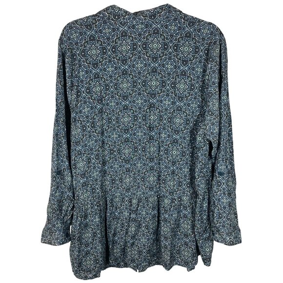 Catherines Peplum Geometric Print Button Up Shirt Women 1X Blue Roll Tab Sleeve - Picture 2 of 7